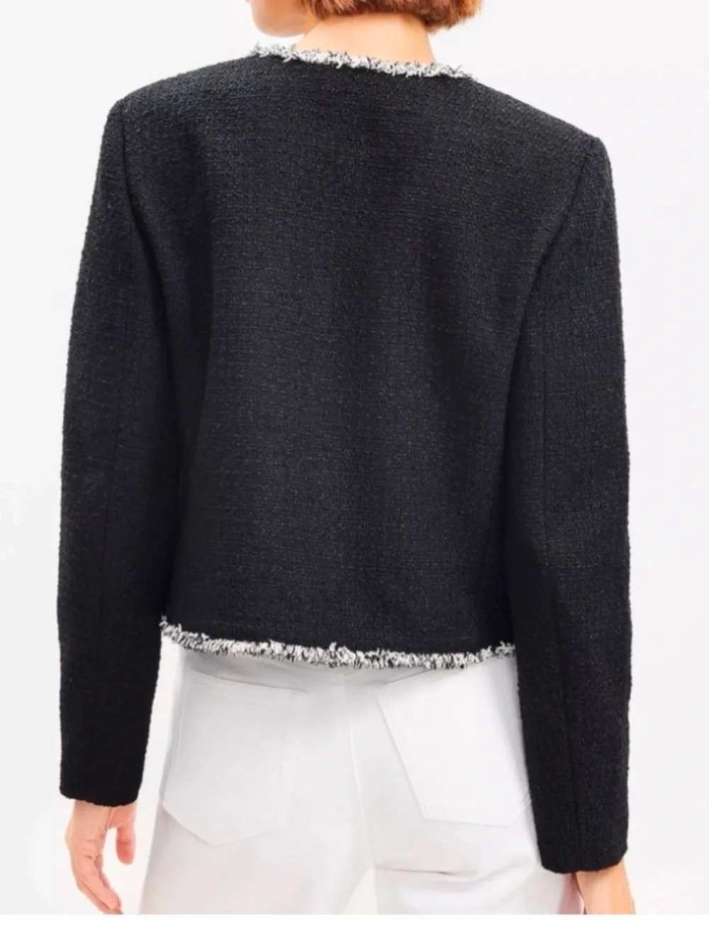LOFT Tweed Jacket Women’s Large Black Textured Cropped Contrast Fringe Trim